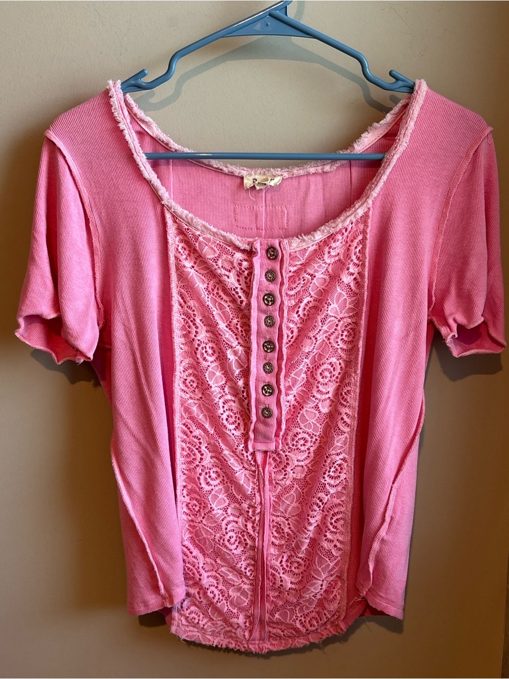 POL Pink Lace-Panel Short Sleeve Top